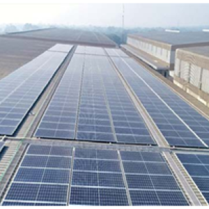 Aerial view of an expanse of solar panels.