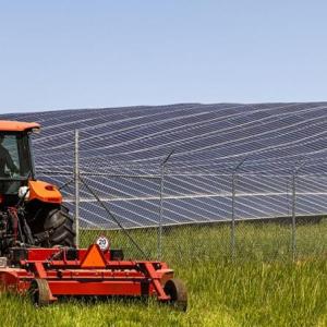 A large red tractor in a field next to large rows of solar panels.