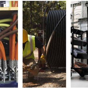 Collage of three photos: Cables connected to a device under a platform, a large coil of cable and a person next to it feeding it underground, and a metal rack with metal parts hanging on it.