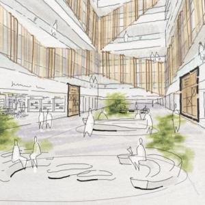 Sketch of an open, multi-story office space