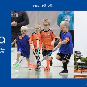 Olympia logo and two pictures of kinds with field hockey sticks and another on a skateboard