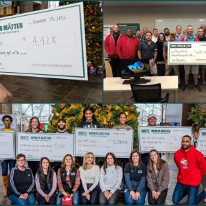 Collage of a large check, and different groups of people standing with it. 
