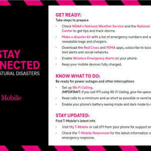 Info graphic "Stay connected during natural disasters" with topics "Get Ready, Know what to do, and stay updated".