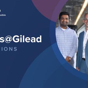 Image of three people with text "Stories@Gilead 4 Questions"