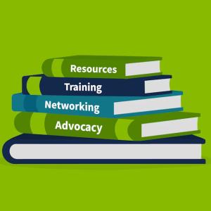 On a green background, a stack of books with titles on the spines "Resources, Training, Networking, Advocacy"