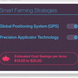 on a tablet "smart farming strategies" with options for gps, precision application and estimated cost savings