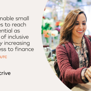 a person paying at a register with their phone. "How to enable small businesses to reach their potential as catalysts of inclusive growth be increasing their access to finance." and mastercard logo on the left