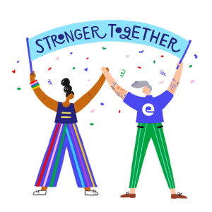 animated image of people holding holding sign that says Stronger Together