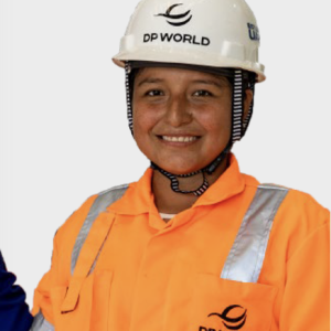 Smiling student in DP world helmet