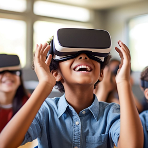 Students seated in a classroom using vr headsets