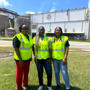 Three people standing in high-vis vests