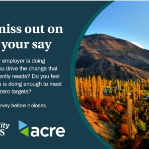 "Don't miss out on having your say" Sustainability census and Acre logos. A scenic desert landscape on the right.