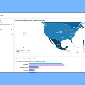 Screen shot of Meta's Survey on Global Climate Attitudes. A map of the US and bar graph below.