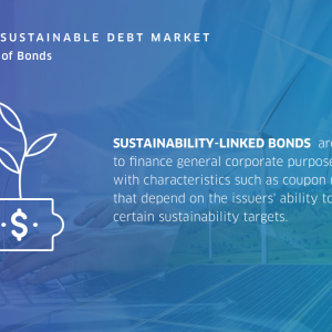 Info graphic "Nasdaq sustainable deb market" four types of Bonds: Sustainability-linked bonds and a sketch of a plant growing out of currency