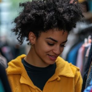 A smiling person looking at long racks of hanging clothing.