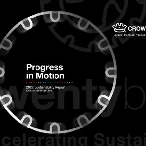 Crown logo and title page "Progress in Motion" 2022 Sustainability report.