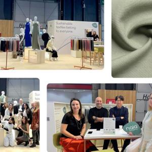 A collage of a close up of a piece of fabric, attendees at the conference.