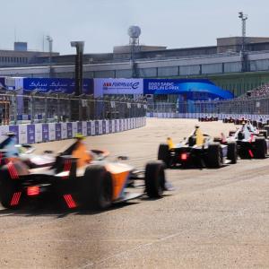 Race car tail lights during a race.