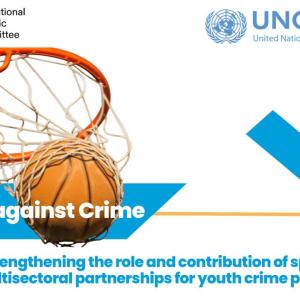 IOC and UNODC logos, a basketball going through a hoop and "Team up against crime"