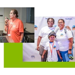 Two photos: A person making an announcement at a desk in front of a flight gate, and a family of three posing in front of a backdrop with balloons on the sides.