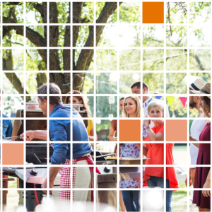 Outdoor gathering of people, one cooking at a grill as others look on. A white grid overlaid.