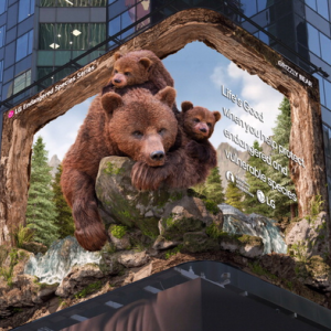 Grizzly Bear and cubs depicted on billboard