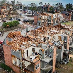 Aerial view of tornado damage in a residential area.