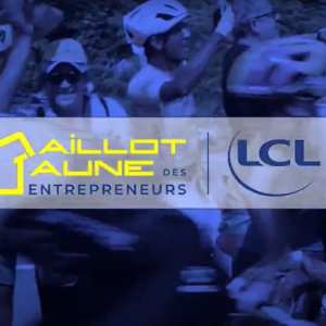LCL logo, "Maillot Jaune de Entrepreneurs" over a blue-tone image of riders on bicycles.