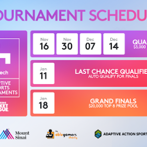 Info graphic. "Tournament schedule. Logitech logo on the left and Adaptive Esports tournament. "Qualifiers $3000 per event: November 16, 30 and December 7, 14. Last Chane qualifier Dec. 11. Grand Finale Dec 18 $20,000 top 8 prize pool..