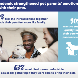 Person smiling and holding dog looking on with someone on a smartphone. Reads: The pandemic strengthened pet parents' emotional bond with their pets. 