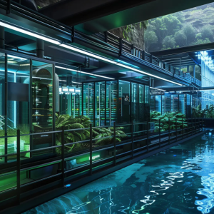 Depiction of water running next to a glass building 