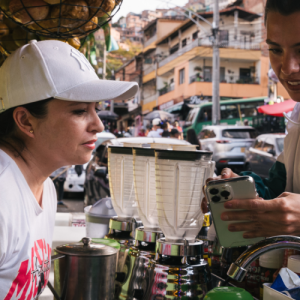 A transaction at a smoothie bar