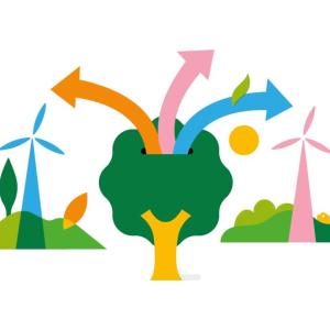 Abstract drawing of a tree with arrows emerging from the top. Wind turbines on the side