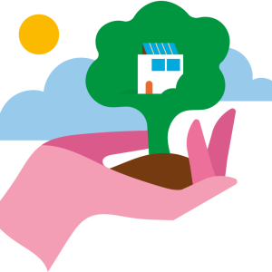 Abstract drawing of a hand holding a tree with a house in it.