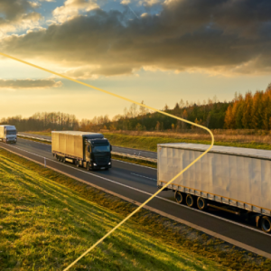Trucks on a road with a setting sun behind them.