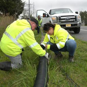 Volunteers working with a drain pipe on the side of a road.