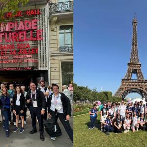 Two separate photo's, the image on the left is a group of people stood outside L'Olympia, on the right is a group photo taken in front of the Eiffel Tower