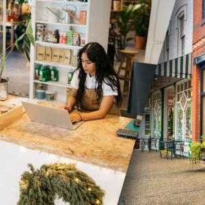 Collage of a person working on a laptop, and a storefront