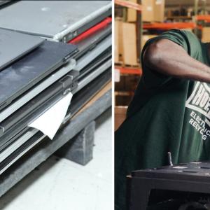 left: a stack of recycled laptops, right: a man in safety gear holds a drill at a workbench