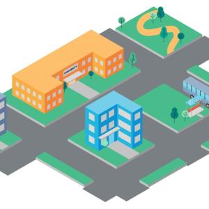 simple layout of an urban environment with 'university', but stop, and generic buildings