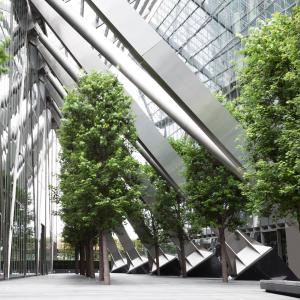 A glass office building with trees
