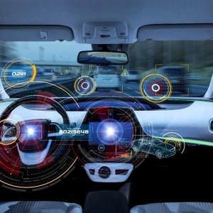 The interior of a vehicle with digitized overlay with different measurement devices.