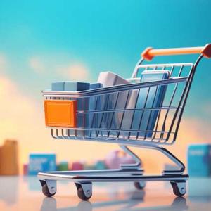 Digital rendering of a shopping cart full of products, cloudy sky background with a line of products at the horizon