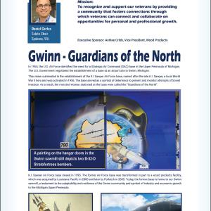 Info graphic "V Salute" Mission statement and "Gwinn-Guardians of the North" with profiles, illustrations.