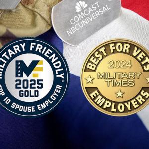 Two award badges "Military Friendly" and "Best for Vets" over a flag, and dog tags with Comcast logo.