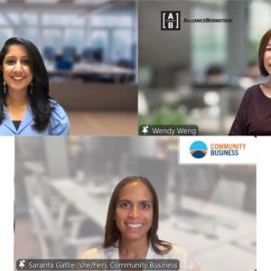 Three people appearing in a virtual meeting