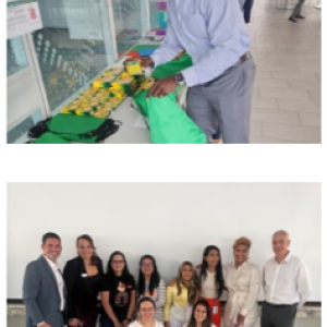 Collage: top image a smiling person putting crayons in a bag. On the bottom a group posed together.