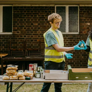 Volunteers packing bins