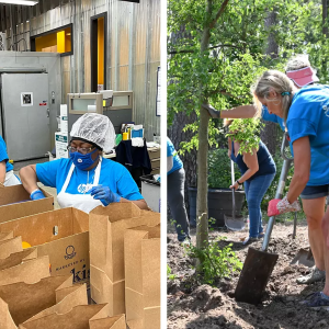 Left: HP employees pack meals for people living with life-challenging illnesses at Food & Friends in Washington, DC. Right: HP employees in the Houston area planting trees at Mercer Botanic Gardens.