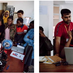 Two images of volunteers working with participants, an open computer on the desk.